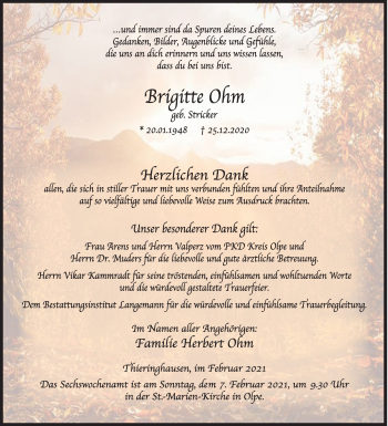Traueranzeige von Brigitte Ohm von Siegener Zeitung