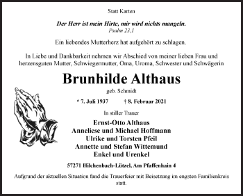 Traueranzeige von Brunhilde Althaus von Siegener Zeitung