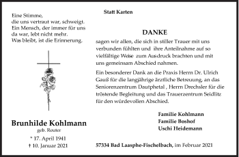 Traueranzeige von Brunhilde Kohlmann von Siegener Zeitung