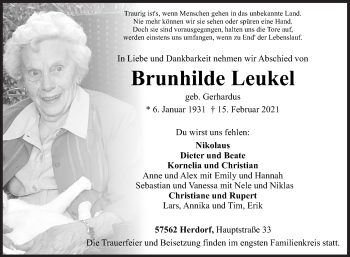 Traueranzeige von Brunhilde Leukel von Siegener Zeitung