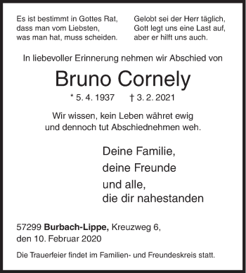 Traueranzeige von Bruno Cornely von Siegener Zeitung