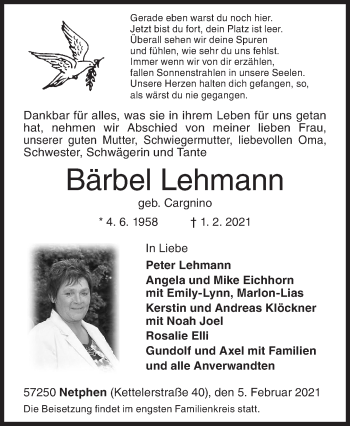 Traueranzeige von Bärbel Lehmann von Siegener Zeitung