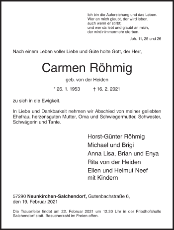 Traueranzeige von Carmen Röhmig von Siegener Zeitung
