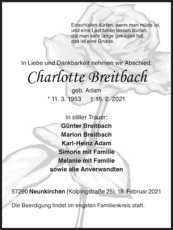 Traueranzeige von Charlotte Breitbach von Siegener Zeitung