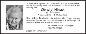 Traueranzeige von Christel Hirsch von Siegener Zeitung