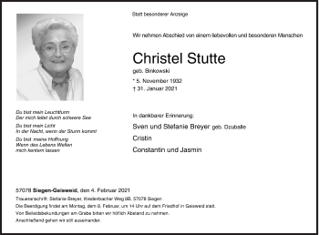 Traueranzeige von Christel Stutte von Siegener Zeitung