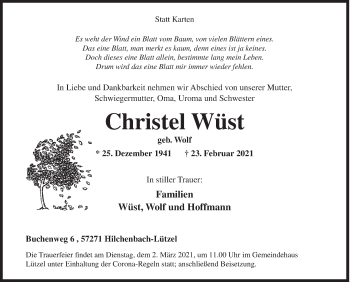 Traueranzeige von Christel Wüst von Siegener Zeitung