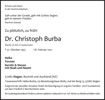 Traueranzeige von Christoph Burba von Siegener Zeitung