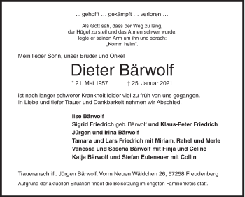 Traueranzeige von Dieter Bärwolf von Siegener Zeitung
