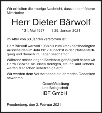 Traueranzeige von Dieter Bärwolf von Siegener Zeitung