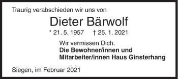 Traueranzeige von Dieter Bärwolf von Siegener Zeitung