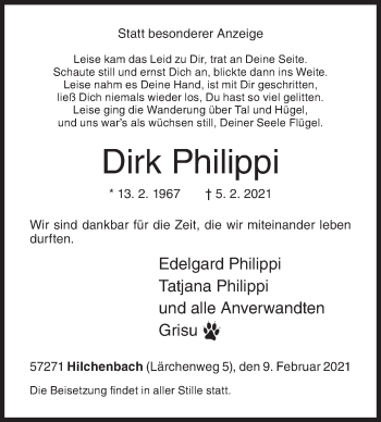 Traueranzeige von Dirk Philippi von Siegener Zeitung