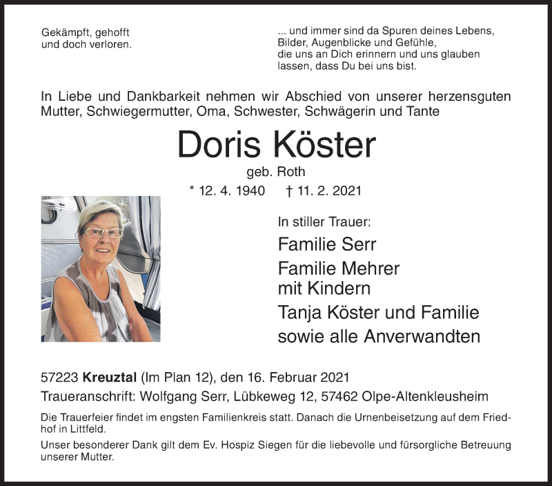  Traueranzeige für Doris Köster vom 16.02.2021 aus Siegener Zeitung