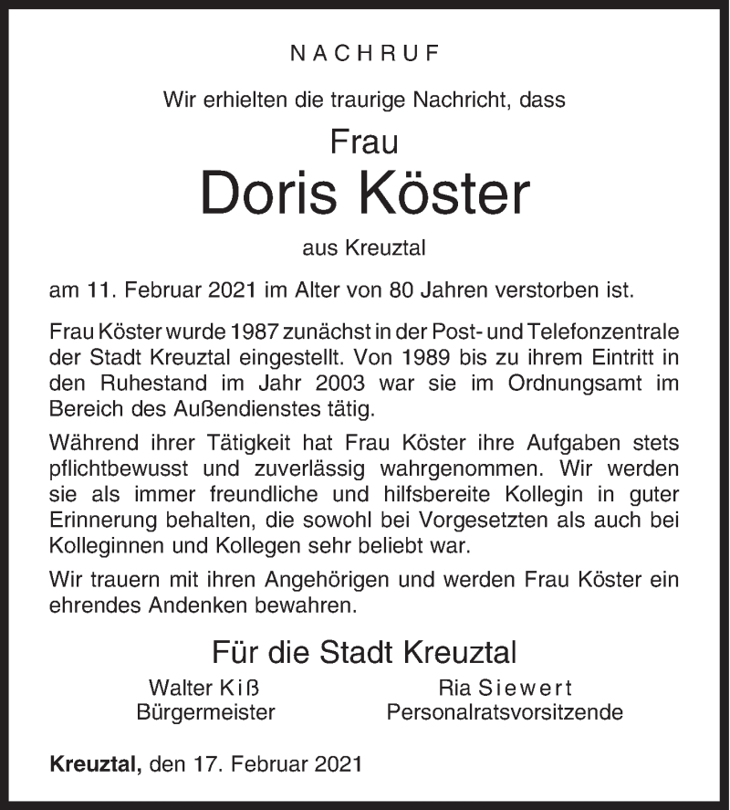  Traueranzeige für Doris Köster vom 17.02.2021 aus Siegener Zeitung