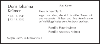 Traueranzeige von Doris Johanna Krämer von Siegener Zeitung