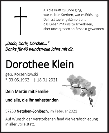 Traueranzeige von Dorothee Klein von Siegener Zeitung