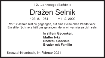 Traueranzeige von Drazen Selnik von Siegener Zeitung