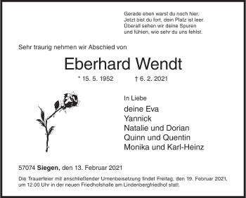 Traueranzeige von Eberhard Wendt von Siegener Zeitung