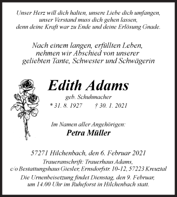 Traueranzeige von Edith Adams von Siegener Zeitung