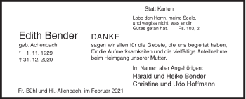 Traueranzeige von Edith Bender von Siegener Zeitung
