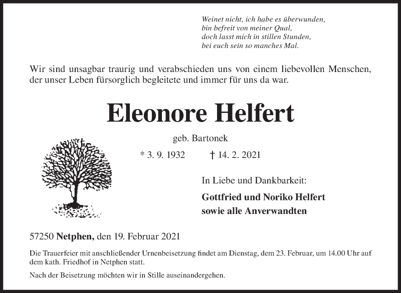  Traueranzeige für Eleonore Helfert vom 19.02.2021 aus Siegener Zeitung