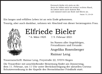 Traueranzeige von Elfriede Bieler von Siegener Zeitung