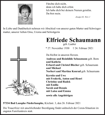 Traueranzeige von Elfriede Schaumann von Siegener Zeitung
