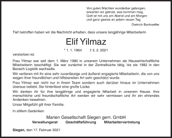 Traueranzeige von Elif Yilmaz von Siegener Zeitung