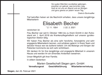 Traueranzeige von Elisabeth Becher von Siegener Zeitung