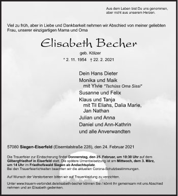 Traueranzeige von Elisabeth Becher von Siegener Zeitung