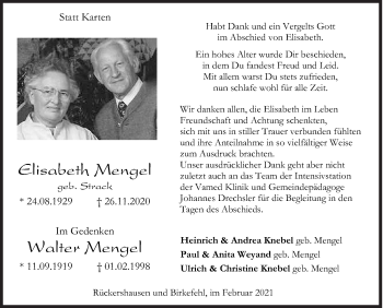 Traueranzeige von Elisabeth und Walter Mengel von Siegener Zeitung