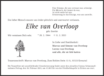 Traueranzeige von Elke van Overloop von Siegener Zeitung