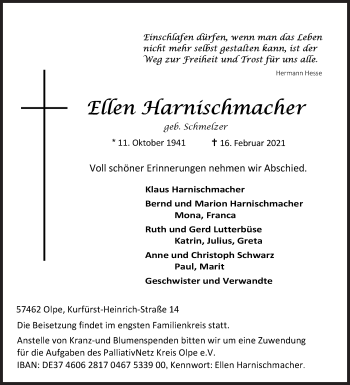 Traueranzeige von Ellen Harnischmacher von Siegener Zeitung
