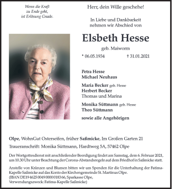 Traueranzeige von Elsbeth Hesse von Siegener Zeitung