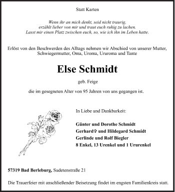 Traueranzeige von Else Schmidt von Siegener Zeitung