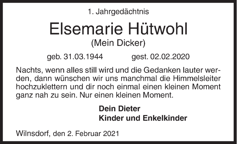  Traueranzeige für Elsemarie Hütwohl vom 02.02.2021 aus Siegener Zeitung