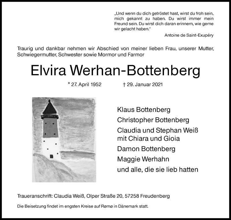  Traueranzeige für Elvira Werhan-Bottenberg vom 01.02.2021 aus Siegener Zeitung