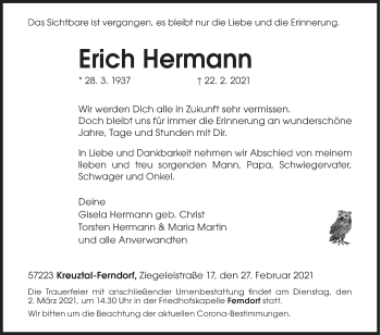 Traueranzeige von Erich Hermann von Siegener Zeitung