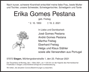 Traueranzeige von Erika Gomes Pestana von Siegener Zeitung