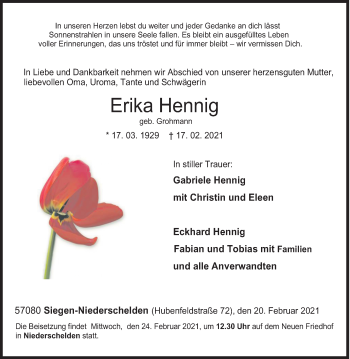 Traueranzeige von Erika Hennig von Siegener Zeitung