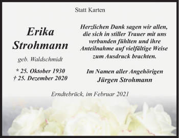 Traueranzeige von Erika Strohmann von Siegener Zeitung
