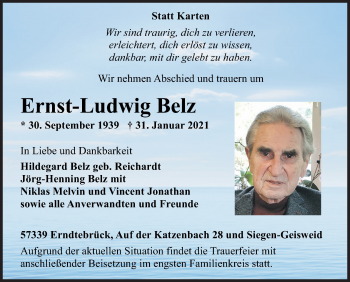 Traueranzeige von Ernst-Ludwig Belz von Siegener Zeitung