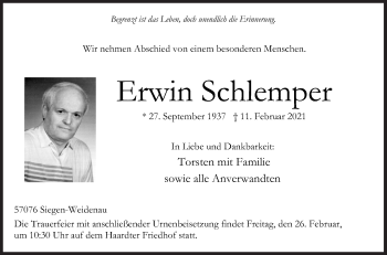 Traueranzeige von Erwin Schlemper von Siegener Zeitung