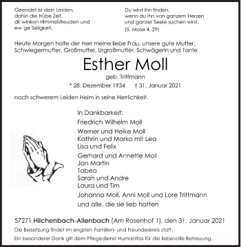 Traueranzeige von Esther Moll von Siegener Zeitung