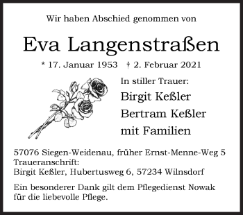 Traueranzeige von Eva Langenstraßen von Siegener Zeitung