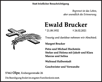 Traueranzeige von Ewald Brucker von Siegener Zeitung
