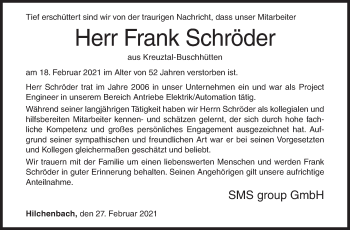 Traueranzeige von Frank Schröder von Siegener Zeitung