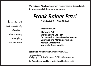 Traueranzeige von Frank Rainer Petri von Siegener Zeitung