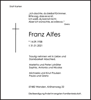 Traueranzeige von Franz Alfes von Siegener Zeitung