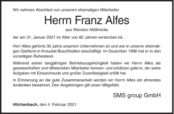 Traueranzeige von Franz Alfes von Siegener Zeitung